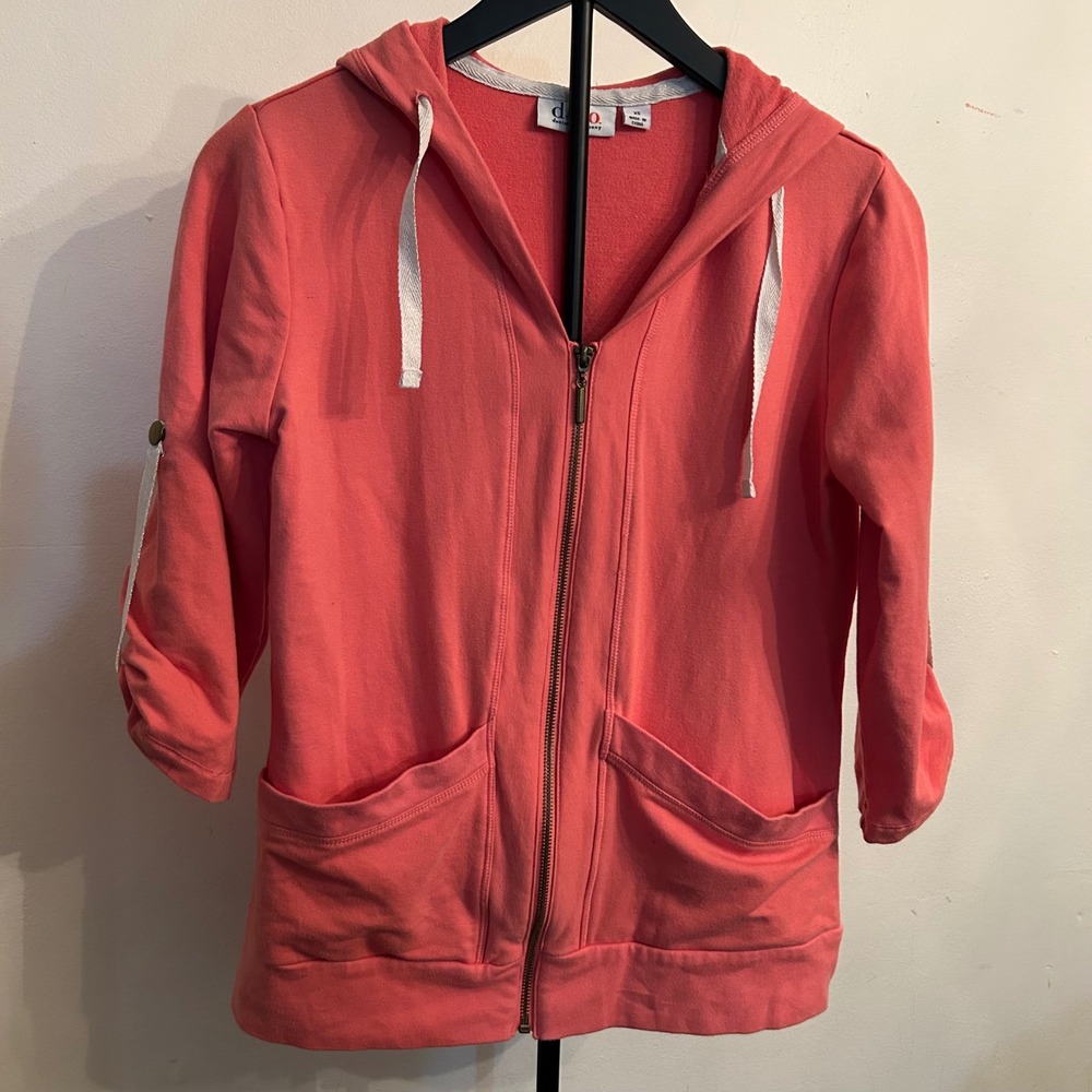 d & co Denim Company XS Coral Zip‎ Up Hoodie Jacket 3/4 Sleeve Casual
